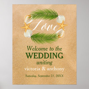 Tropical Wreath Sandy Beach Wedding Welcome Poster