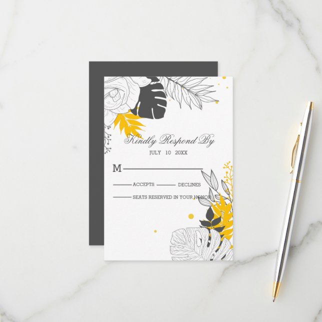 Tropical Yellow And White Leaves  RSVP Card (Front/Back In Situ)