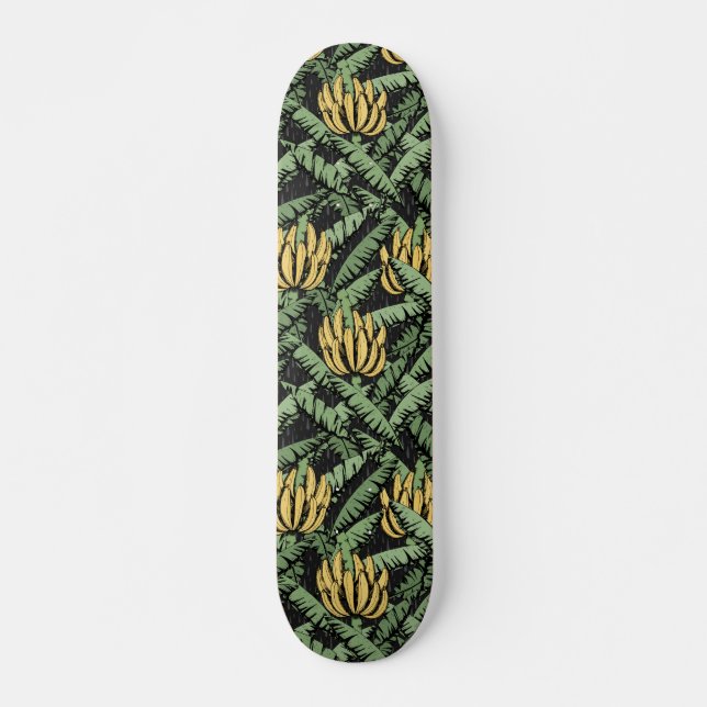 Tropical Yellow Bananas and Leaves Black Skateboard (Front)