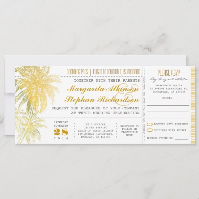 Tropical yellow beach wedding ticket-boarding pass invitation (Front)