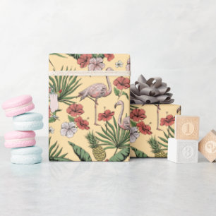 Tropical Yellow Flamingo Floral Pattern Wrapping Paper