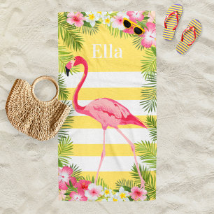 Tropical Yellow Flamingo Stripe Monogram Beach Towel