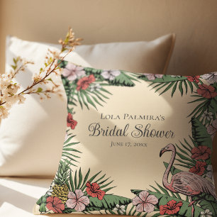 Tropical Yellow Floral Flamingo Bridal Shower Cushion