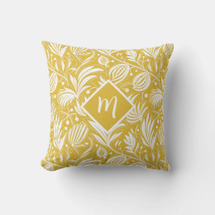 Tropical Yellow Floral Pattern Diamond Monogram Cushion