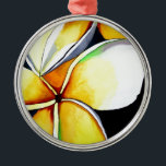 Tropical Yellow Frangipani flower original art Metal Ornament<br><div class="desc">with original art design from watercolour painting by Sacha Grossel of tropical yellow and white with lime green highlights frangipani flowers in close focus,  macro style. This bright,  colourful,  floral botanical design is reminiscent of summer,  surf culture,  hot weather and being near the beach.</div>