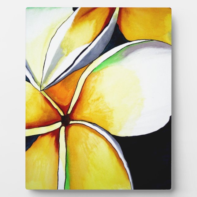 Tropical Yellow Frangipani flower original art Plaque (Front)