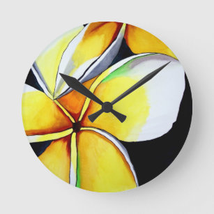 Tropical Yellow Frangipani flower original art Round Clock