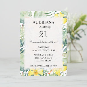 Tropical Yellow Hibiscus Floral Leaves Birthday Invitation