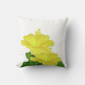 Tropical Yellow Hibiscus on a White Square Cushion