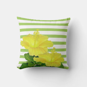 Tropical Yellow Hibiscus on Green Stripes Cushion