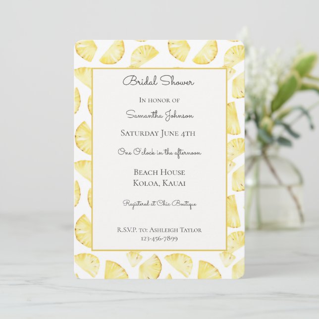 Tropical Yellow Pineapples Bridal Shower Invitation (Standing Front)