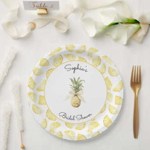 Tropical Yellow Pineapples Bridal Shower Paper Plate