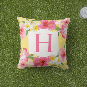 Tropical Yellow Pink Flowers Custom Monogram Outdoor Cushion