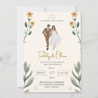 Tropical yellow ribbon border bouquet invitation