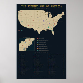 Trout & Bass Fishing Map - 63 Official State Fish Poster