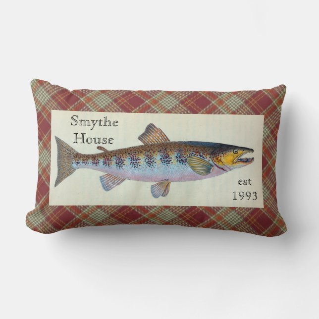 Trout Fish Red Orange Plaid Lumbar Throw Pillow (Front)