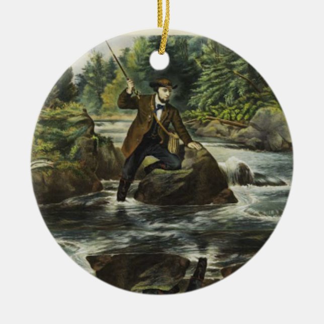 Trout fishing print by Currier and Ives Ceramic Ornament (Front)