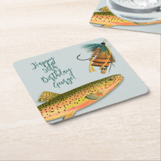 Trout Fly Fishing Adult Birthday Personalised Square Paper Coaster
