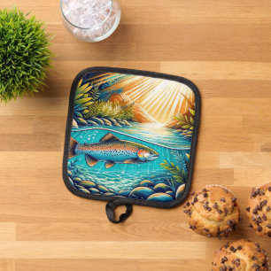 Trout in Crystal Clear River Beneath Lush Forest Pot Holder