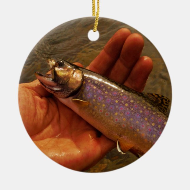 Trout in Hands Ceramic Tree Decoration (Front)