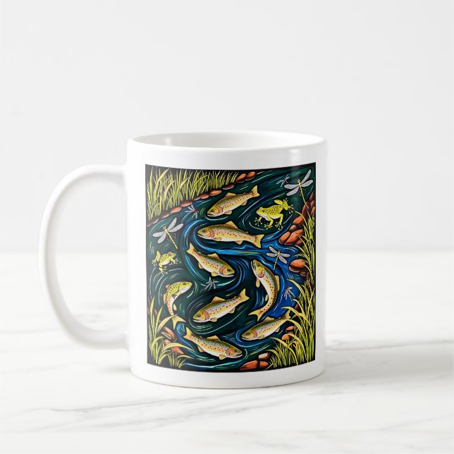 Trout Stream Harmony – Folk Art Fish, Frogs & Drag Coffee Mug (Left)
