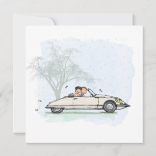 Trouwkaart bride couple in lemon D convertible