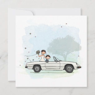 Trouwkaart bride couple in vintage Alfa Romeo