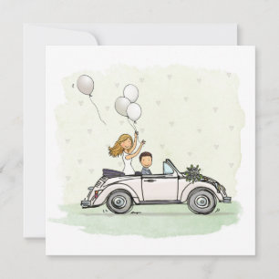 Trouwkaart bride couple in vintage beetle cabrio
