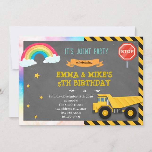 Truck and rainbow joint party Invitation (Front)