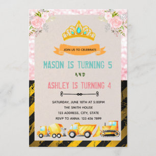 Truck and tiaras birthday party invitation