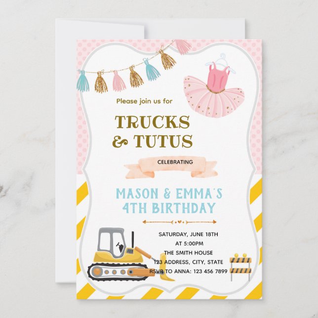 Truck and tutus joint birthday party invitation (Front)