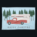 Truck Camping RVing Motorhome Red Trees Whimsical Tea Towel<br><div class="desc">HAPPY CAMPERS! I'd rather be RVing!! What about you? Check out this sweet red truck camper towel and check my shop for more matching items like tshirts, magnets, keychains, pillows, stickers and more. And of course more RV, campervan, motorhome and camping stuff too. Customise this mug with a name, your...</div>