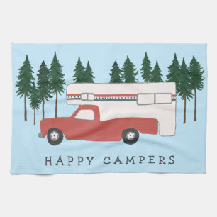 Truck Camping RVing Motorhome Red Trees Whimsical Tea Towel