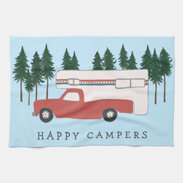 Truck Camping RVing Motorhome Red Trees Whimsical Tea Towel (Horizontal)