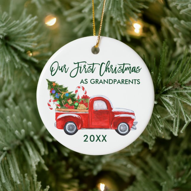 Truck Candy Canes First Christmas as Grandparents Ceramic Ornament (Tree)