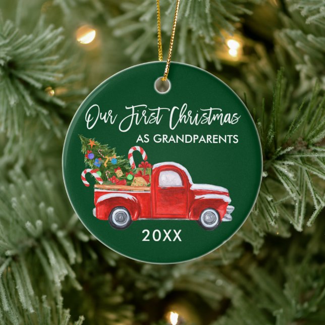 Truck Candy First Christmas as Grandparents Green Ceramic Ornament (Tree)