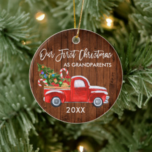 Truck Candy Wood First Christmas as Grandparents Ceramic Ornament