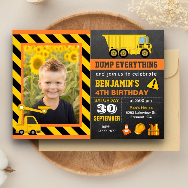 Truck Construction Birthday Party Photo Invitation (Creator Uploaded)