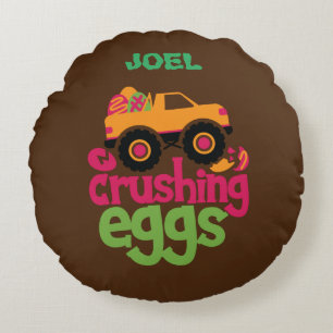 TRUCK CRUSHING EGGS PERSONALIZED THROW PILLOW. ROU ROUND CUSHION