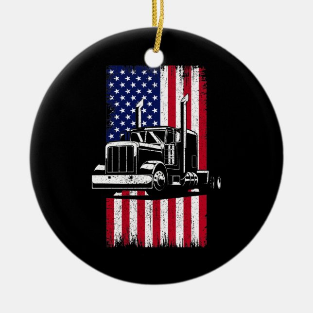 Truck Driver American Flag Trucker Ceramic Ornament (Front)