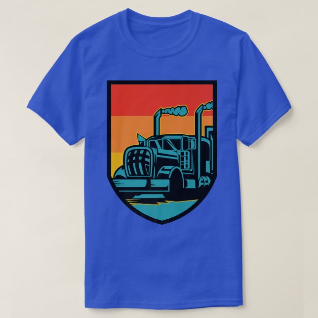 Truck Driver Trucker 18 Wheeler Retro Sunset Shiel T-Shirt (Design Front)