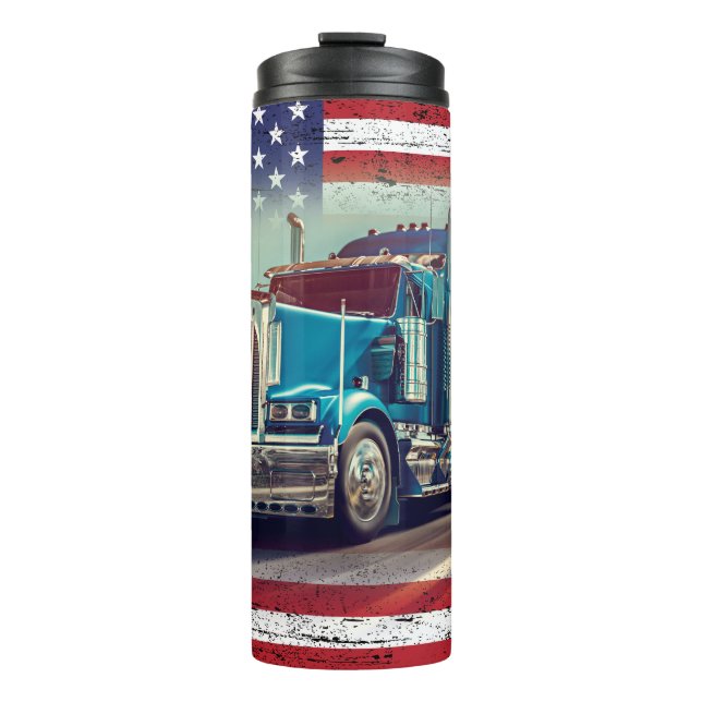 Truck Driving On Open Highway With Flag Overlay  Thermal Tumbler (Front)