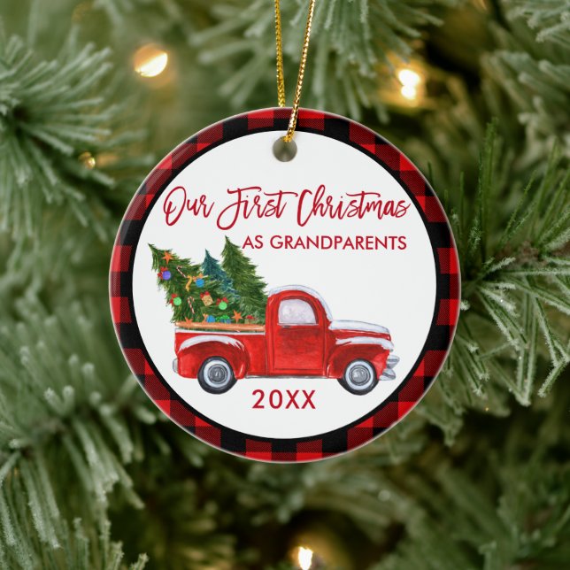 Truck First Christmas as Grandparents Red Plaid Ceramic Ornament (Tree)