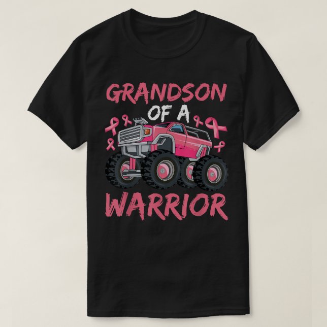 Truck Grandson Of A Warrior Breast Cancer Pink Rib T-Shirt (Design Front)