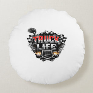 Truck Life Grunge Distressed Chrome Red Trucker Li Round Cushion