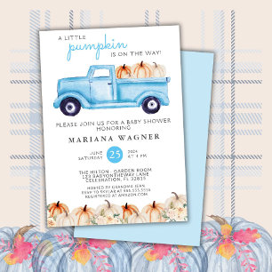Truck Little Pumpkin Blue Boy Baby Shower Invitation