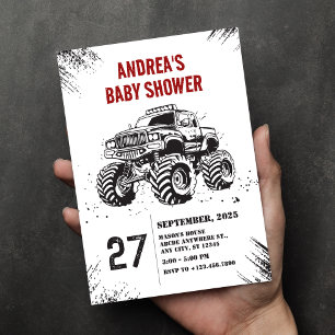 Truck monster road baby shower invitation