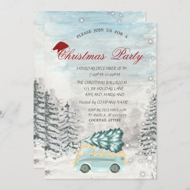 Truck Pine Tree Forest Christmas Party Invitation (Front/Back)