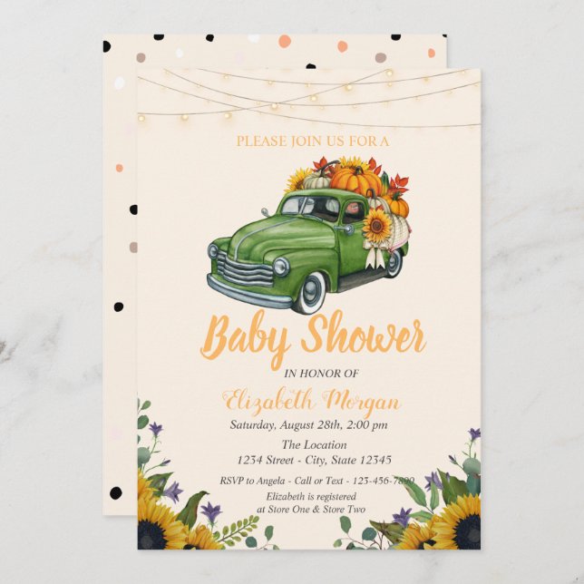 Truck Pumpkin, String Lights,Dots Baby Shower  Invitation (Front/Back)