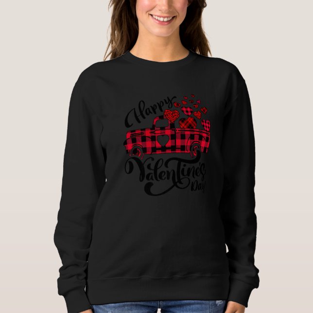Truck Red Buffalo Plaid With Hearts Happy Valentin Sweatshirt (Front)